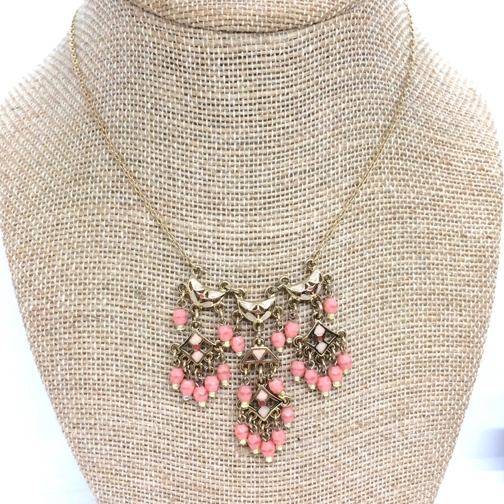 3/$30 PINK BEAD GOLD TONE CHANDELIER NECKLACE ETHNIC FESTOON BOLLYWOOD STYLE